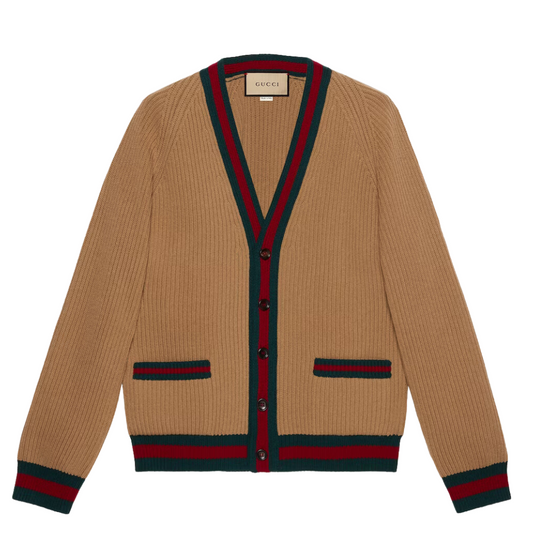 GUCCI KNIT WOOL CARDIGAN WITH WEB