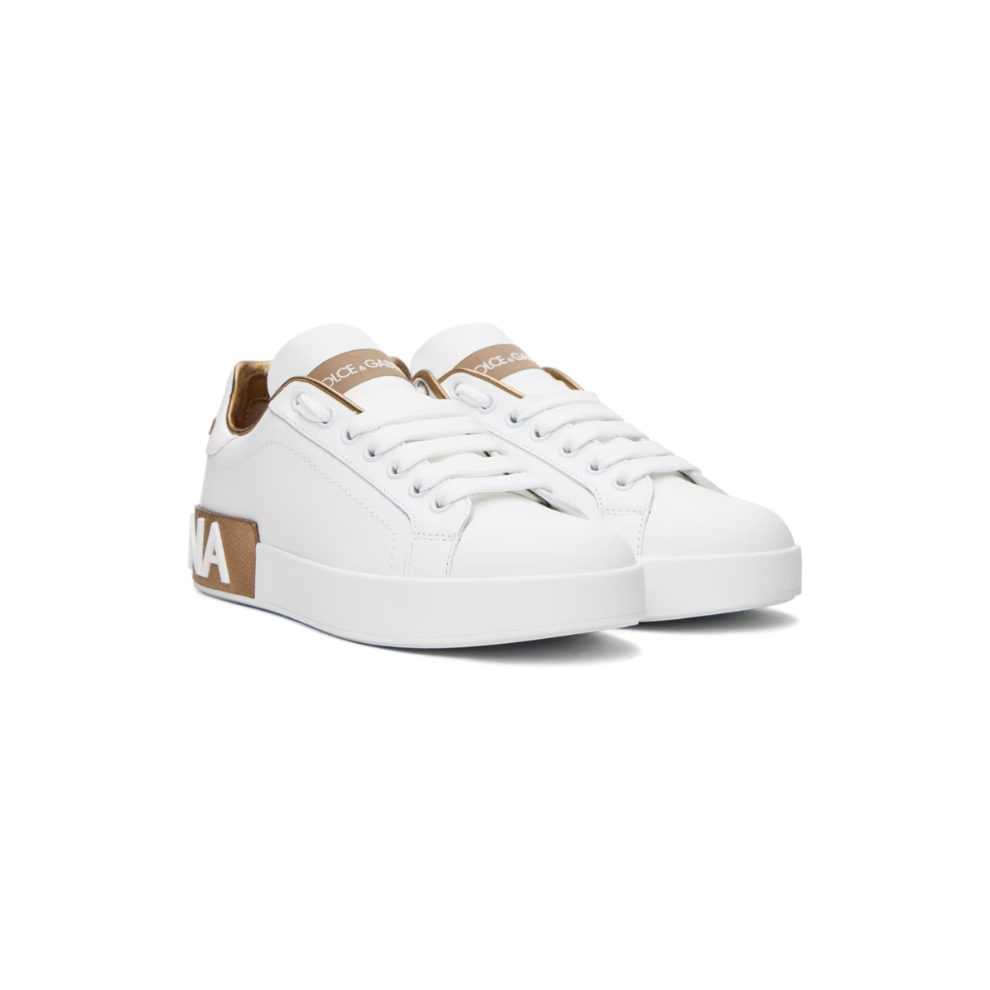 DOLCE & GABBANA White & Gold Calfskin Portofino Sneakers