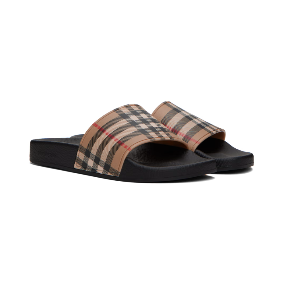 BURBERRY Beige & Black Check Slides