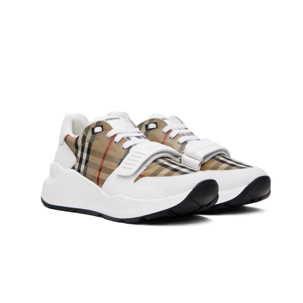 BURBERRY Tan & White Check Sneakers
