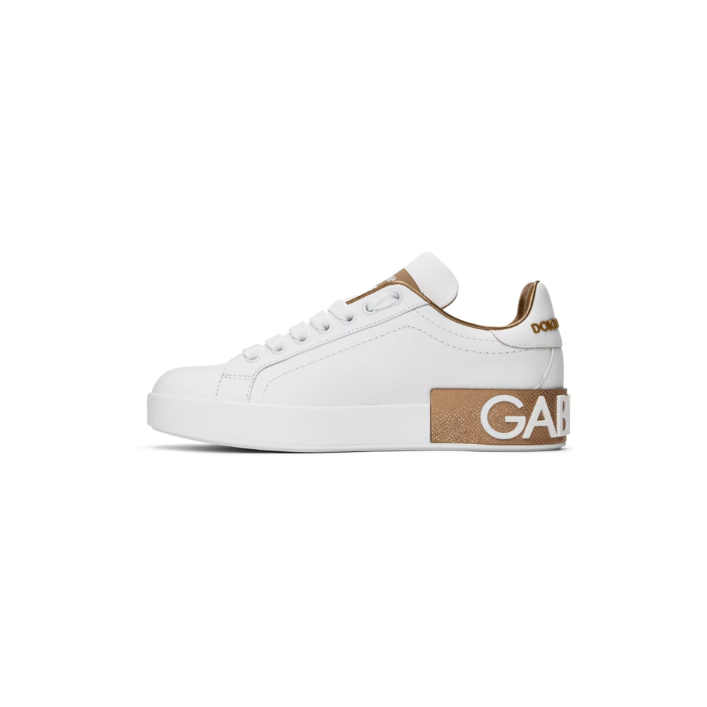 DOLCE & GABBANA White & Gold Calfskin Portofino Sneakers