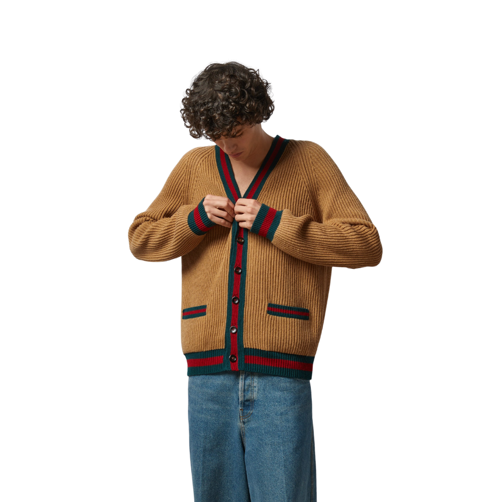GUCCI KNIT WOOL CARDIGAN WITH WEB