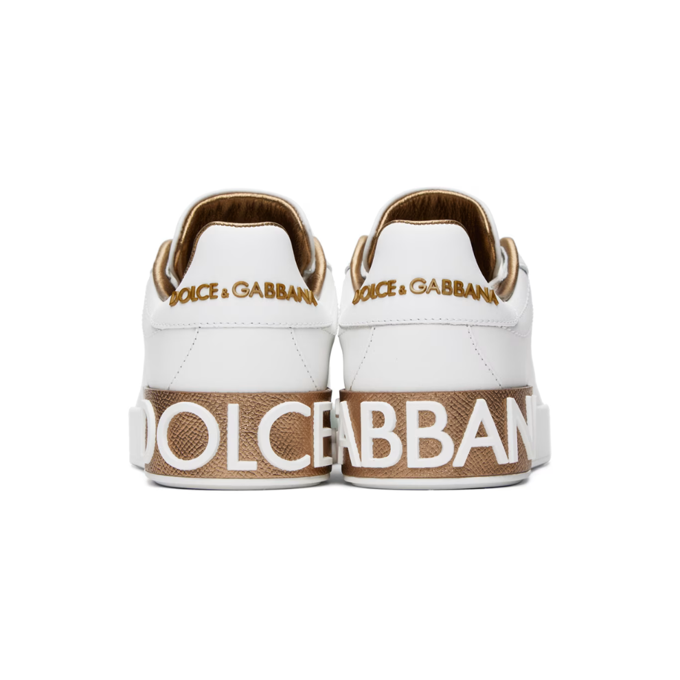 DOLCE & GABBANA White & Gold Calfskin Portofino Sneakers