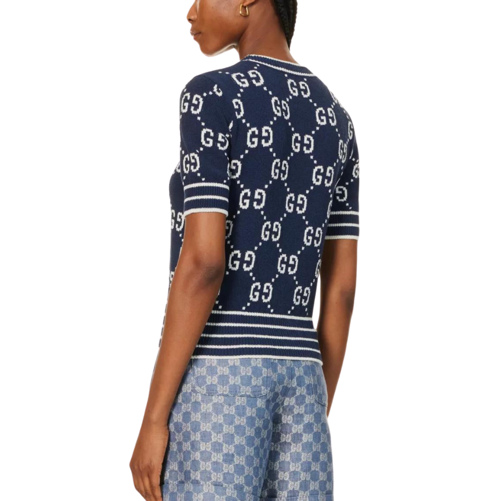 GUCCI Monogram-pattern ribbed-trim cotton-blend knitted top
