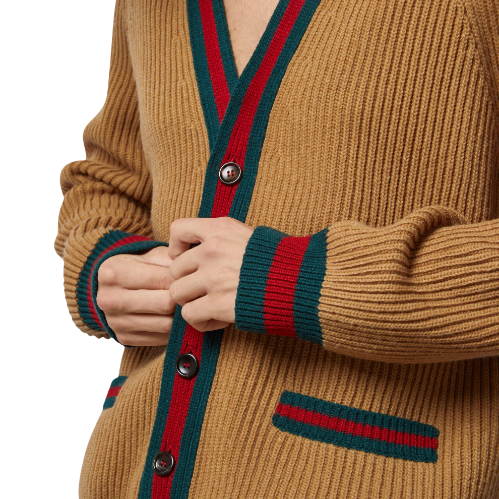 GUCCI KNIT WOOL CARDIGAN WITH WEB